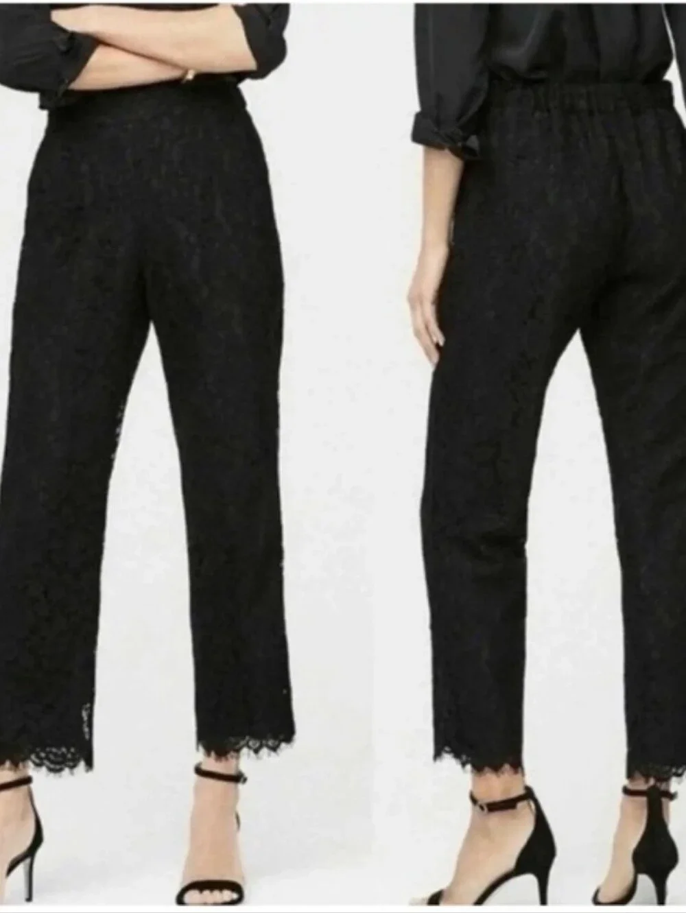 J. Crew Pull On Black Lace-Hem Cropped Pants Elastic Waist